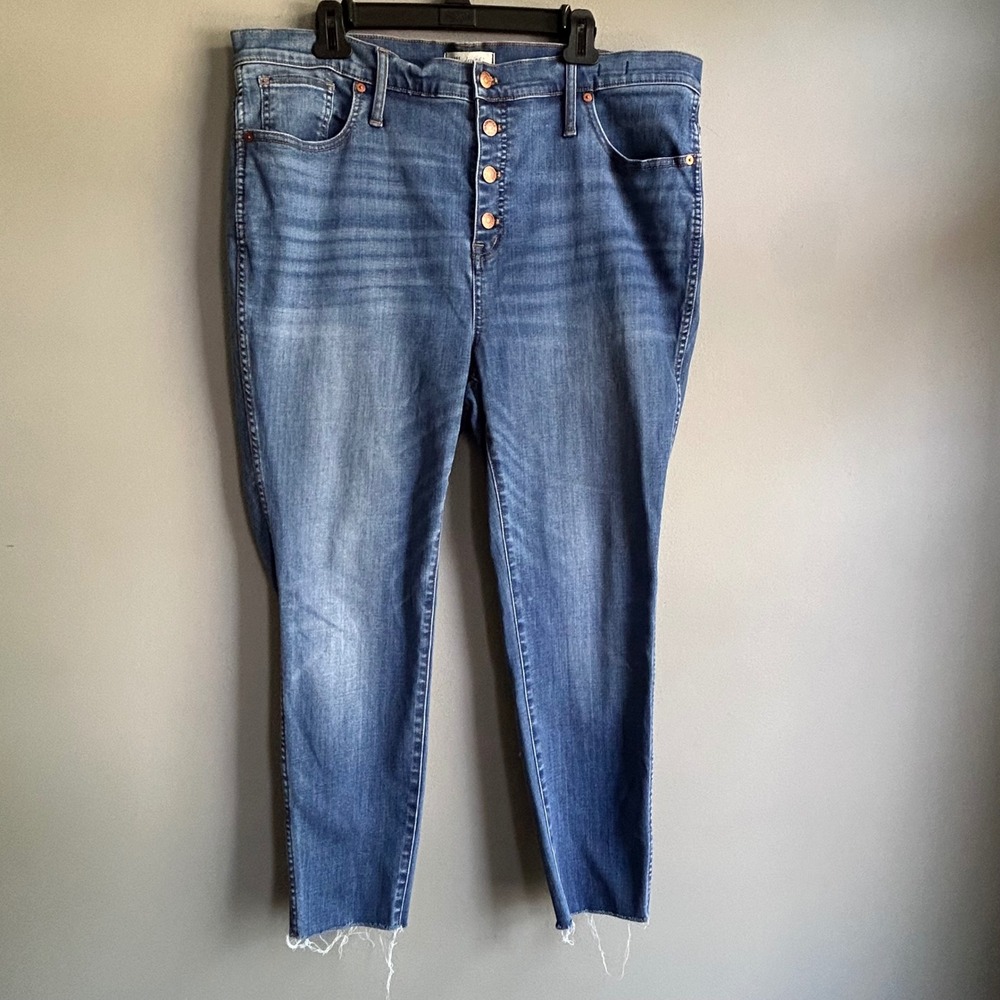 Madewell 10 High-Rise Skinny Crop Jeans 35 Blue Button Fly Raw Hem Stretch